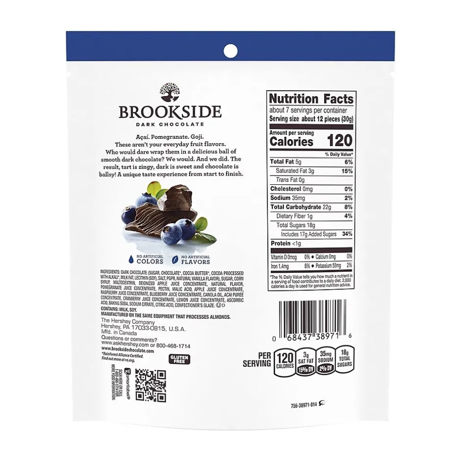 Chocolate<Brookside Dark Chocolate with Acai and Blueberry Flavors Candy, 7 oz, Resealable Bag (050929)