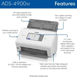 Portable Scanners<Brother ADS-4900W Duplex Document Scanner, White/Black