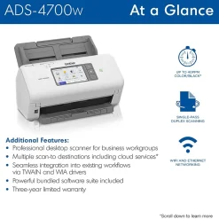 Desktop Scanners<Brother ADS-4700W Duplex Document Scanner, White/Black