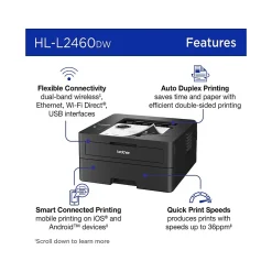 Black & White Printers<Brother HL-L2460DW Compact Wireless Black & White Laser Printer, Single-Function, Print, Refresh Subscription Ready