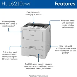 Wireless Printers<Brother HL‐L6210DWT Business Monochrome Laser Printer, Dual Paper Trays, Wireless Networking