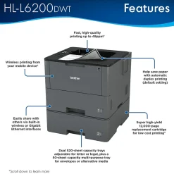 Black & White Printers<Brother HL-L6200DWT USB, Wireless, Network Ready Black & White Laser Printer