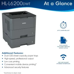Black & White Printers<Brother HL-L6200DWT USB, Wireless, Network Ready Black & White Laser Printer
