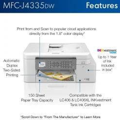 Color Printers<Brother INKvestment Tank MFC-J4335DW Wireless Color Inkjet Printer, All-In-One Supertank, Print, Scan, Copy, Fax