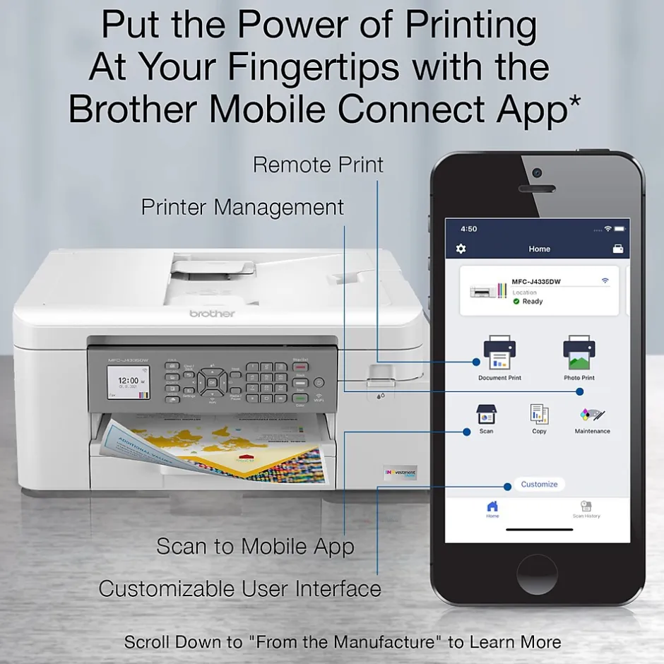 Color Printers<Brother INKvestment Tank MFC-J4335DW Wireless Color Inkjet Printer, All-In-One Supertank, Print, Scan, Copy, Fax