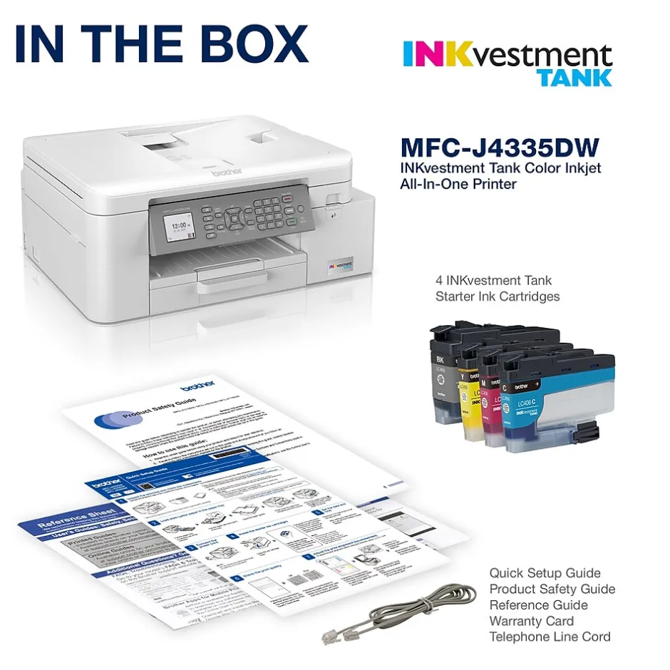 Color Printers<Brother INKvestment Tank MFC-J4335DW Wireless Color Inkjet Printer, All-In-One Supertank, Print, Scan, Copy, Fax