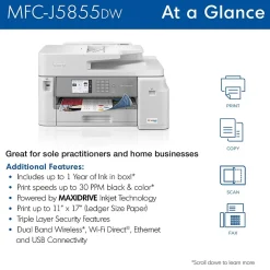 Color Printers<Brother INKvestment Tank MFC-J5855DW Wireless Color Inkjet Printer, All-In-One Supertank, Print, Scan, Copy, Fax