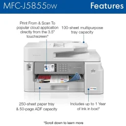 Color Printers<Brother INKvestment Tank MFC-J5855DW Wireless Color Inkjet Printer, All-In-One Supertank, Print, Scan, Copy, Fax