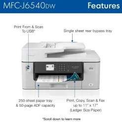 Color Printers<Brother MFC-J6540DW Color Inkjet All-in-One Print, Copy, Scan, Fax up to 11”x17” (Ledger) Size Paper