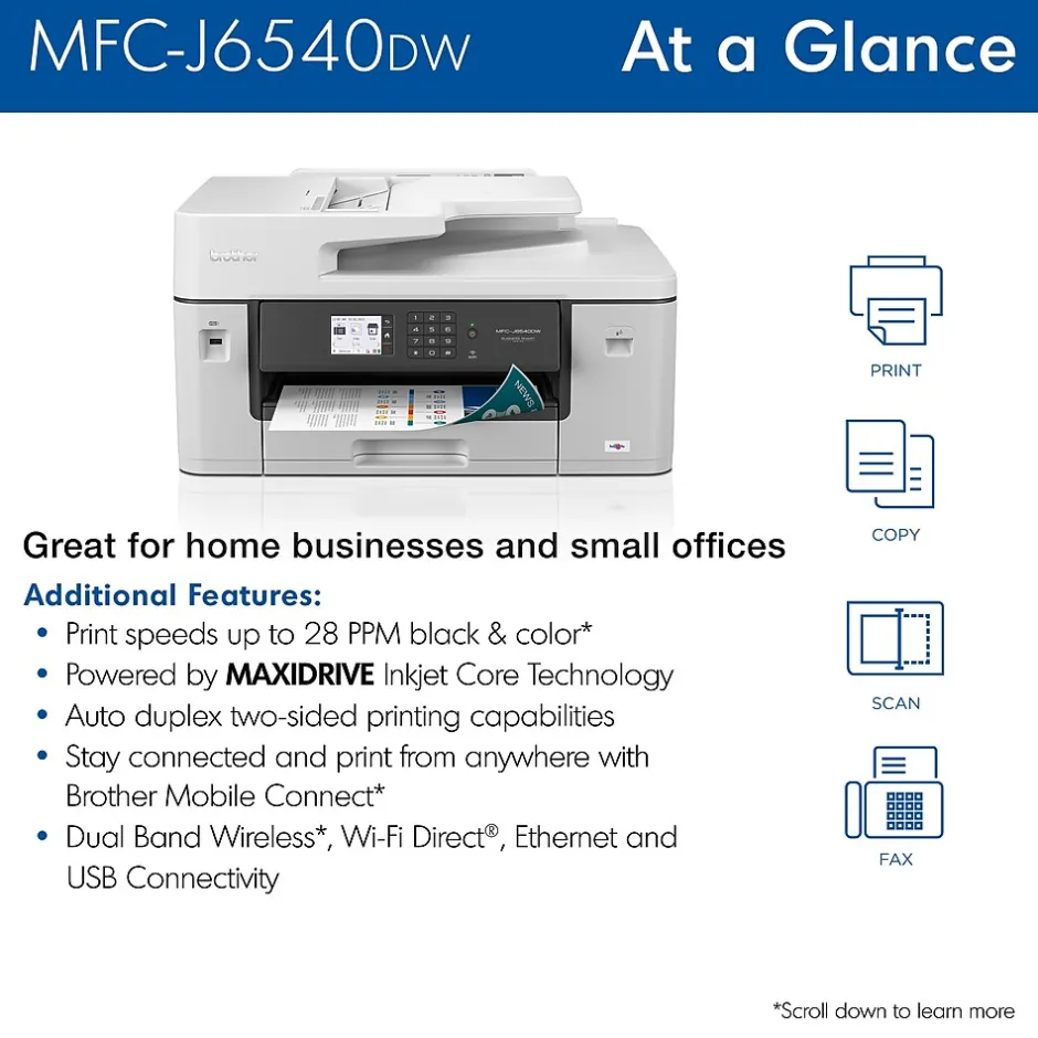 Color Printers<Brother MFC-J6540DW Color Inkjet All-in-One Print, Copy, Scan, Fax up to 11”x17” (Ledger) Size Paper