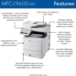 Color Printers<Brother MFC‐L9610CDN Enterprise Color Laser All‐in‐One Printer