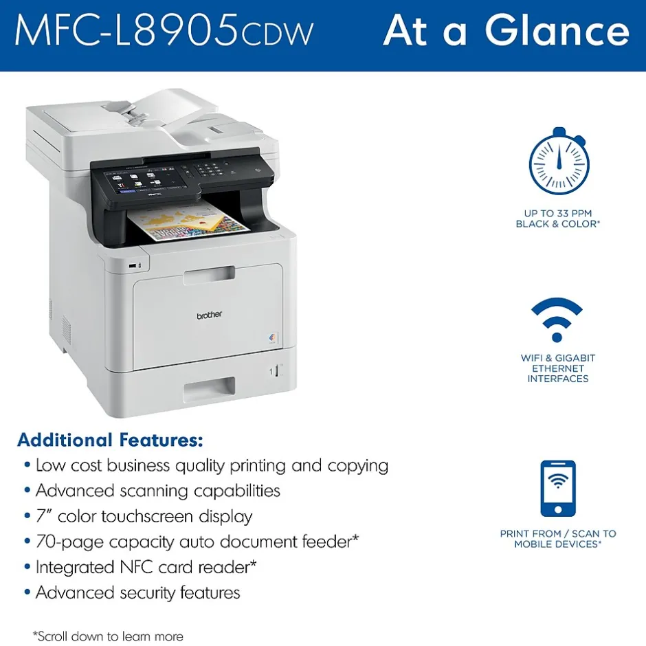 All-In-One Printers<Brother MFC‐L8905CDW Wireless Color Laser Printer, All-In-One, Print, Scan, Copy, Fax