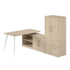 Outlet Vista 60"W L Shaped Desk with Low Storage Cabinet and Wardrobe, Natural Elm (VST010NE) L-Desks
