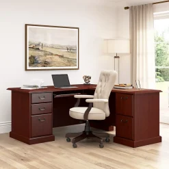Best 66"W Arlington L Shaped Desk with Drawers and Keyboard Tray, Harvest Cherry (WC65570-03K) L-Desks