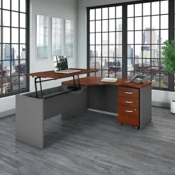 Clearance Westfield 60"W Left Hand 3 Position Sit to Stand L Desk w/ File Cabinet, Hansen Cherry (SRC127HCSU) Standing Desks