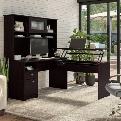 Best Cabot 60"W 3 Position Sit to Stand L Shaped Desk with Hutch, Espresso Oak (CAB045EPO) Standing Desks