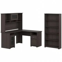 Online Cabot 60"W L Shaped Computer Desk with Hutch and 5 Shelf Bookcase, (CAB011HRG) L-Desks
