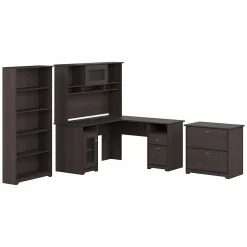 Clearance Cabot 60"W L Shaped Computer Desk with Hutch, File Cabinet and Bookcase, Heather Gray (CAB010HRG) L-Desks