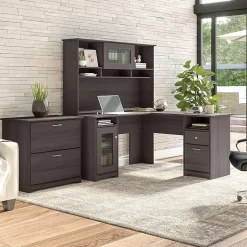 Sale Cabot 60"W L Shaped Computer Desk with Hutch and Lateral File Cabinet, Heather Gray (CAB005HRG) L-Desks
