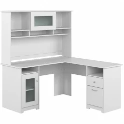 Clearance Cabot 60"W L Shaped Computer Desk with Hutch and Storage, (CAB001WHN) Computer Desks