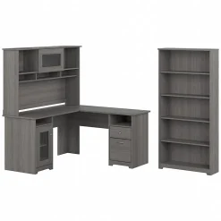 Discount Cabot 60"W L Shaped Computer Desk with Hutch and 5 Shelf Bookcase, (CAB011MG) L-Desks