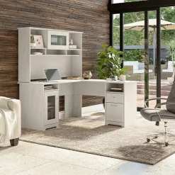 New Cabot 60"W L Shaped Computer Desk with Hutch and Storage, (CAB001LW) Computer Desks