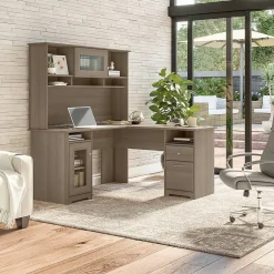 Clearance Cabot 60"W L Shaped Computer Desk with Hutch and Storage, (CAB001AG) L-Desks