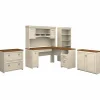 Clearance Fairview 60"W L Shaped Desk with Hutch, File Cabinet, Bookcase and Storage, Antique White/Tea Maple (FV013AW) L-Desks