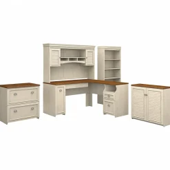 Clearance Fairview 60"W L Shaped Desk with Hutch, File Cabinet, Bookcase and Storage, Antique White/Tea Maple (FV013AW) L-Desks