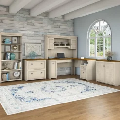 Clearance Fairview 60"W L Shaped Desk with Hutch, File Cabinet, Bookcase and Storage, Antique White/Tea Maple (FV013AW) L-Desks