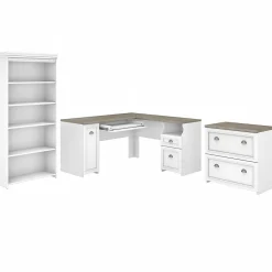 Fairview 60"W L Shaped Desk with Lateral File Cabinet and 5 Shelf Bookcase, (FV008G2W) Office Desks