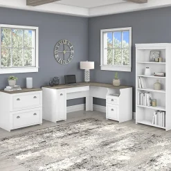 Fairview 60"W L Shaped Desk with Lateral File Cabinet and 5 Shelf Bookcase, (FV008G2W) Office Desks