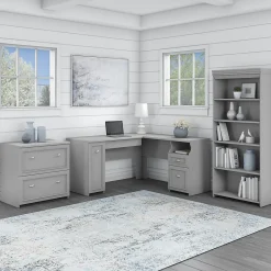 Hot Fairview 60"W L Shaped Desk with Lateral File Cabinet and 5 Shelf Bookcase, (FV008CG) L-Desks
