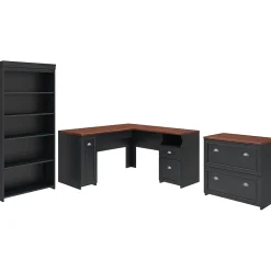 New Fairview 60"W L Shaped Desk with Lateral File Cabinet and 5 Shelf Bookcase, Antique Black (FV008AB) L-Desks