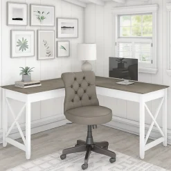 Key West 60" L-Shaped Desk with Mid-Back Tufted Office Chair, Shiplap Gray/Pure White (KWS045G2W) L-Desks