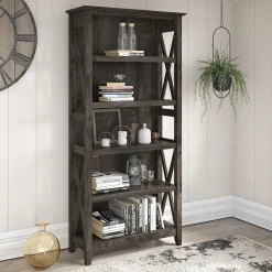 Discount Key West 66"H 5-Shelf Bookcase with Adjustable Shelves, Dark Gray Hickory Wood (KWB132GH-03) Bookcases