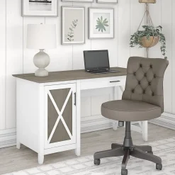 Online Key West 54"W Computer Desk with Storage and Mid-Back Tufted Office Chair, Shiplap Gray/Pure White (KWS020G2W) Office Desks