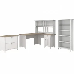 Clearance Salinas 60" L-Shaped Desk with Hutch, File Cabinet and 5-Shelf Bookcase, (SAL007G2W) L-Desks