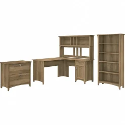 New Salinas 60"W L Shaped Desk with Hutch, Lateral File Cabinet and 5 Shelf Bookcase, (SAL007RCP) L-Desks