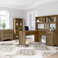 New Salinas 60"W L Shaped Desk with Hutch, Lateral File Cabinet and 5 Shelf Bookcase, (SAL007RCP) L-Desks