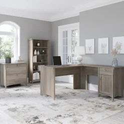 Salinas 60"W L Shaped Desk with Lateral File Cabinet and 5 Shelf Bookcase, (SAL003DG) L-Desks