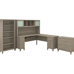 New Somerset 72"W L Shaped Desk with Hutch, Lateral File Cabinet and Bookcase, (SET012AG) L-Desks