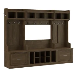 Sale Woodland Full Entryway Storage Set with Coat Rack and Shoe Bench with Drawers, Ash Brown (WDL014ABR) Storage Cabinets