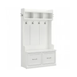 Discount Woodland 40W Hall Tree and Shoe Storage Bench with Doors, White Ash (WDL001WAS) Storage Cabinets