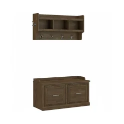 New Woodland 40W Shoe Storage Bench with Doors and Wall Mounted Coat Rack, Ash Brown (WDL003ABR) Storage Cabinets