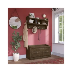 New Woodland 40W Shoe Storage Bench with Doors and Wall Mounted Coat Rack, Ash Brown (WDL003ABR) Storage Cabinets