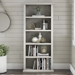 Outlet Yorktown 67"H 5-Shelf Bookcase with Adjustable Shelves, Linen White Oak Laminated Wood (WC40466-03) Bookcases