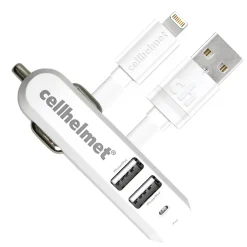 Lightning Cables<cellhelmet 4.8-Amp 3-Port USB Car Charger with USB-A to Lightning Flat Cable, 3 Feet (CAR-4.8/3-B+F-LIGHT-3-W)