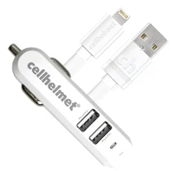 Lightning Cables<cellhelmet 4.8-Amp 3-Port USB Car Charger with USB-A to Lightning Flat Cable, 3 Feet (CAR-4.8/3-B+F-LIGHT-3-W)