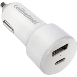 cellhelmet Dual-Port Car Charger for USB and USB-C, 20-Watt, White (CAR-PD-20W-A-C)